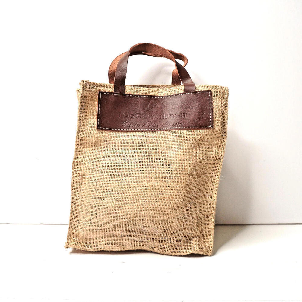 Four Seasons Punta Mita Mexico Jute Burlap Leather Tan Brown Small Bag‎ Beachy